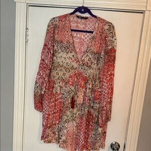 Zara Long Sleeve Floral Patchwork Wrap Dress in Pink and Cream